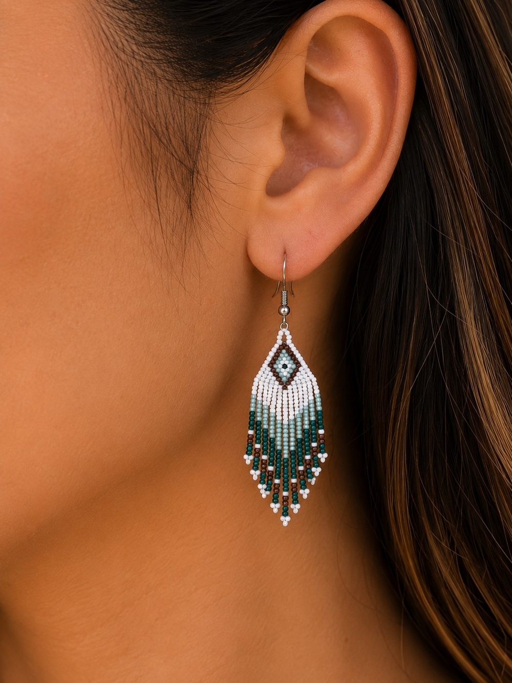 Beaded Fringe Indigenous  Earrings White Green Boho Western Cowgirl Festival New
